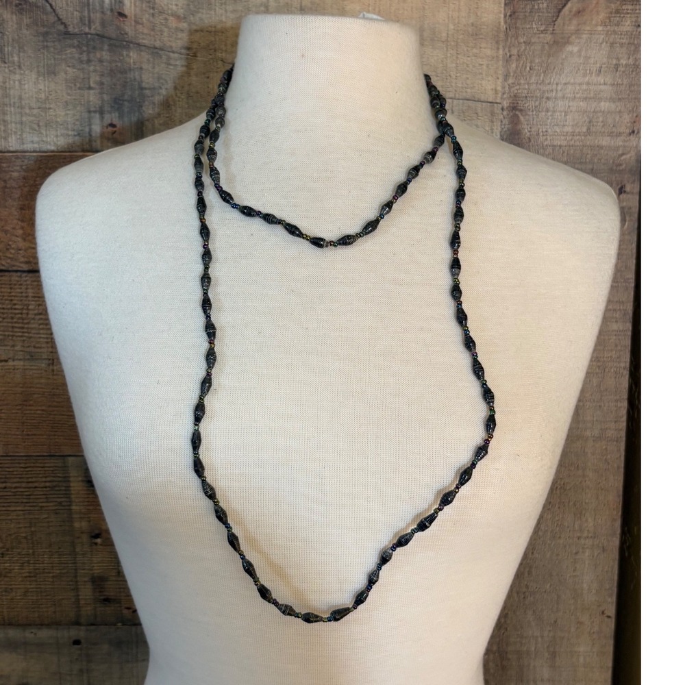 Handmade Rolled Paper Bead Necklace Long Black Iridescent Seed Beads